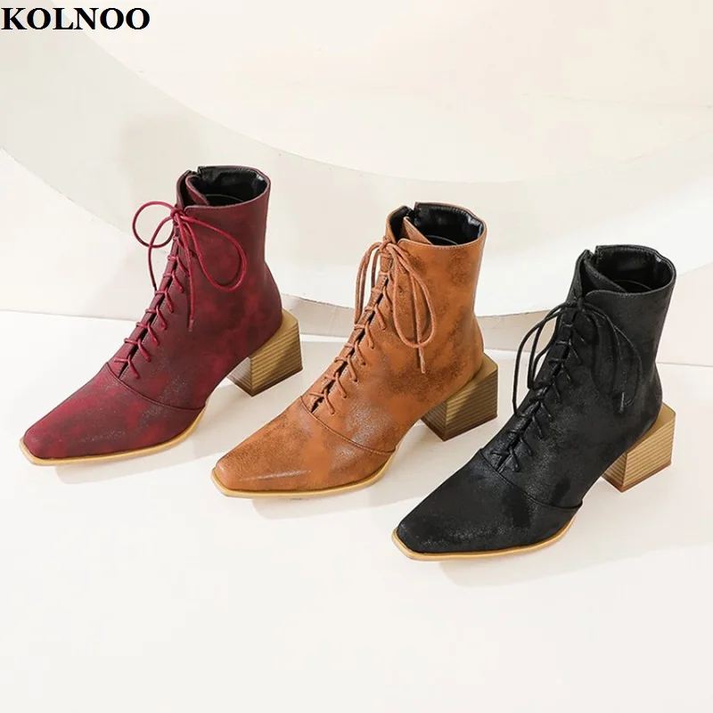 

Kolnoo Handmade New Vintage Style Womens Blocked Heel Ankle Boots Crisscross Shoelace Dress Boots Evening Fashion Party Shoes