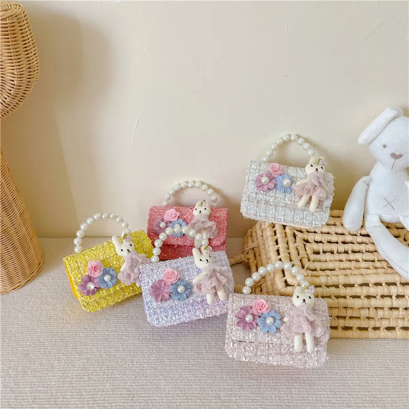 Korean Girl Princess Kids Bag Cute Flower Linen Crossbody Bags for Girls Rabbit Hand Bags Toddler Purses and Handbags Gift 6
