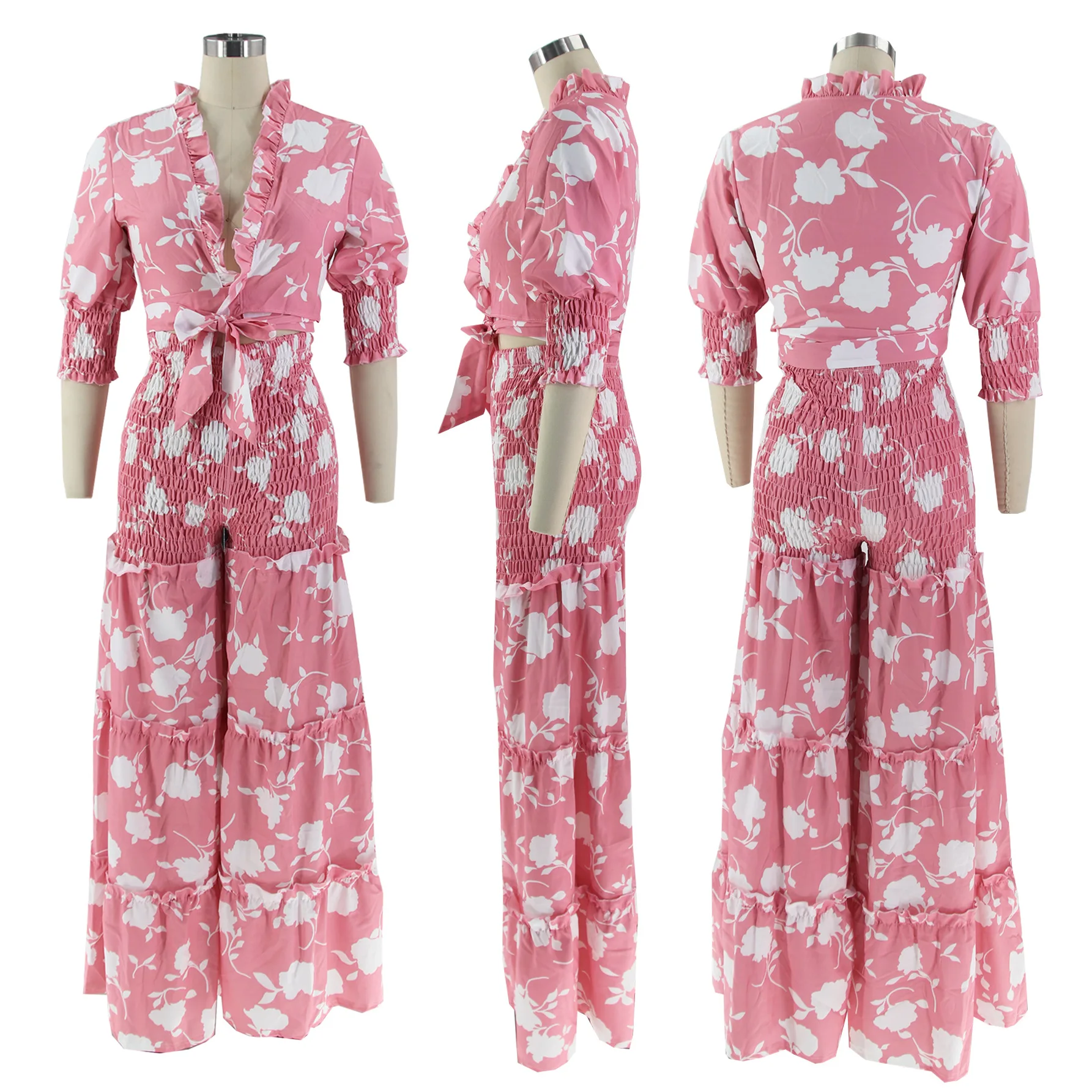 Plus Size Elegant Sets Flower Print Tops And Wide Leg Pants Female Fashion Women Casual Cloth 2023 Summer Two Piece Matching Set