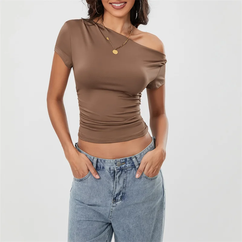 Top corto Y2K para mujer, ropa grunge de verano, camiseta fruncida sin mangas con hombros oblicuos, chaleco, ropa de calle de los años 2000