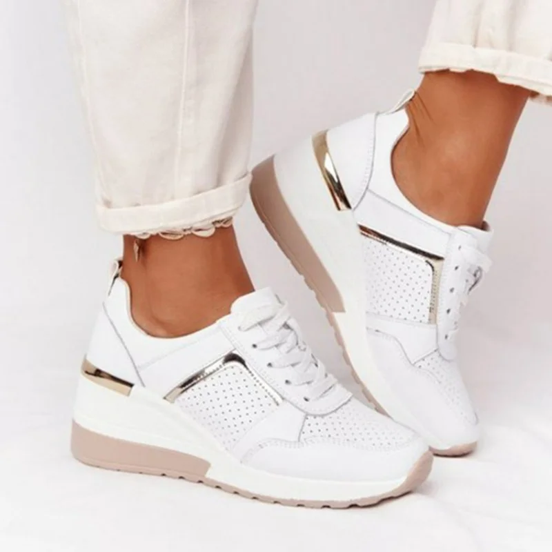 

2022 Women Shoes Breathable Leather Lace-Up Sneakers Wedge Sports Women's Vulcanized Shoes Casual Platform Ladies Office Flat