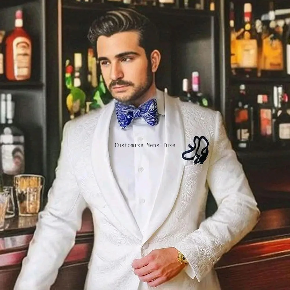 

High Quality Men's Suits White Jacquard Fabric Single Breasted Shawl Lapel Formal Business Smart Casual Terno 2 Pcs Jacket Pants