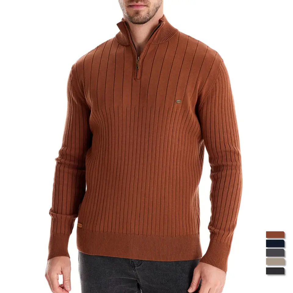 Maglione Uomo Autunno Inverno Con Collo In Piedi E Mezza Cerniera – Quarter Zip Slim Fit, Cotone, Colori Blu Navy, Cachi, Grigio
