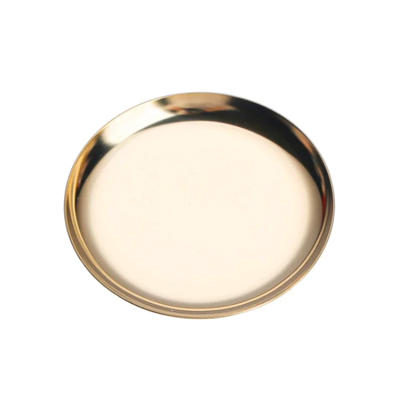 Vassoi in metallo colorato Piastre poco profonde rotonde in acciaio inossidabile da 10 cm Placcatura sottovuoto Porta gioielli Organizzatore da scrivania - immagine 6