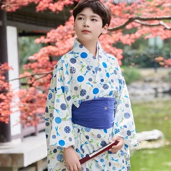 2025 children vintage kimono robe national flower print yukata kimono robe+belt traditional japanese boy 's photography clothing