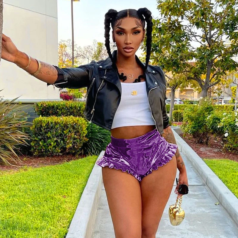 Frills Metallic PU Leather Booty Shorts Sexy Women Summer Clothing Festival Clubwear High Waisted Shorts Y2k Fashion Gold Silver