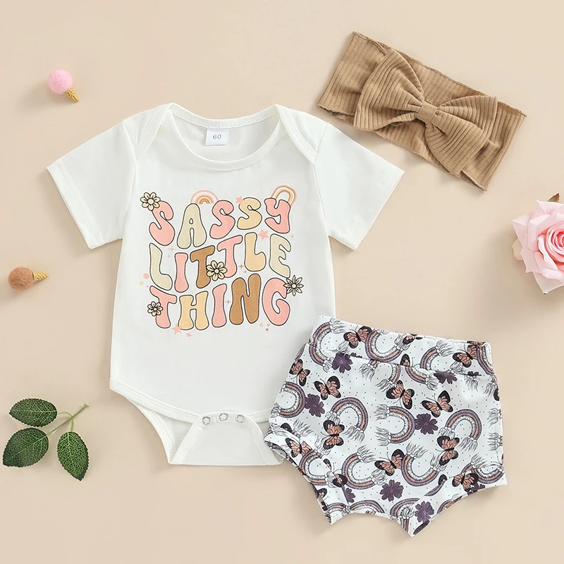 

2023-05-18 Lioraitiin 0-12M Infant Baby Girls Summer Clothes Letter Print Short Sleeve Romper Rainbow Shorts Headband Outfits