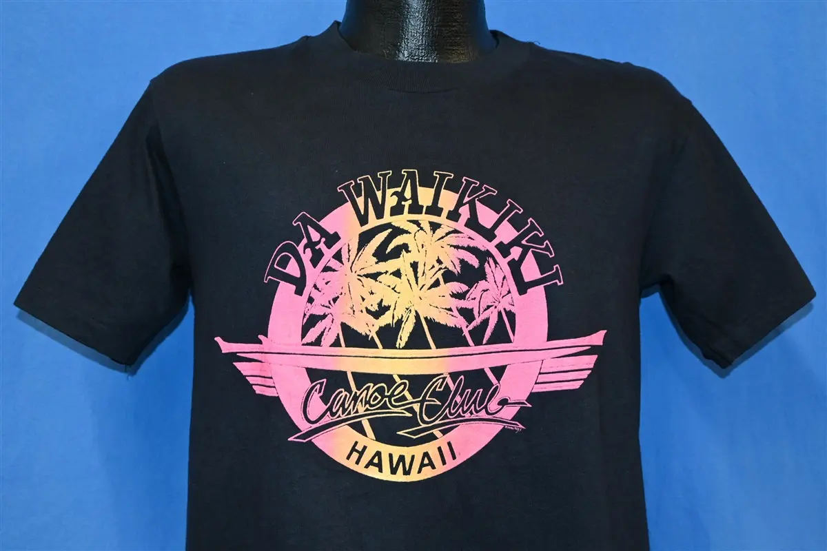 80S Da Waikiki Hawaii Canoe Club Neon Palm Trees Puffy Paint T-Shirt