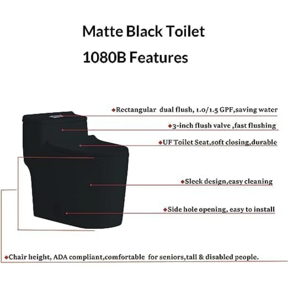 Modern Toilet, 12"rough in Matte Black One Piece Elongated, Dual Flush 1/1.6 GPF U Shaped Seat, Smart Toilet 5