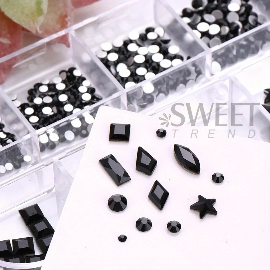 12Grid Black Glass Crystal Nail Rhinestones Flatback Odd Shaped Diamond Star Square Design Jewelry With Tweezers Decor Accessory