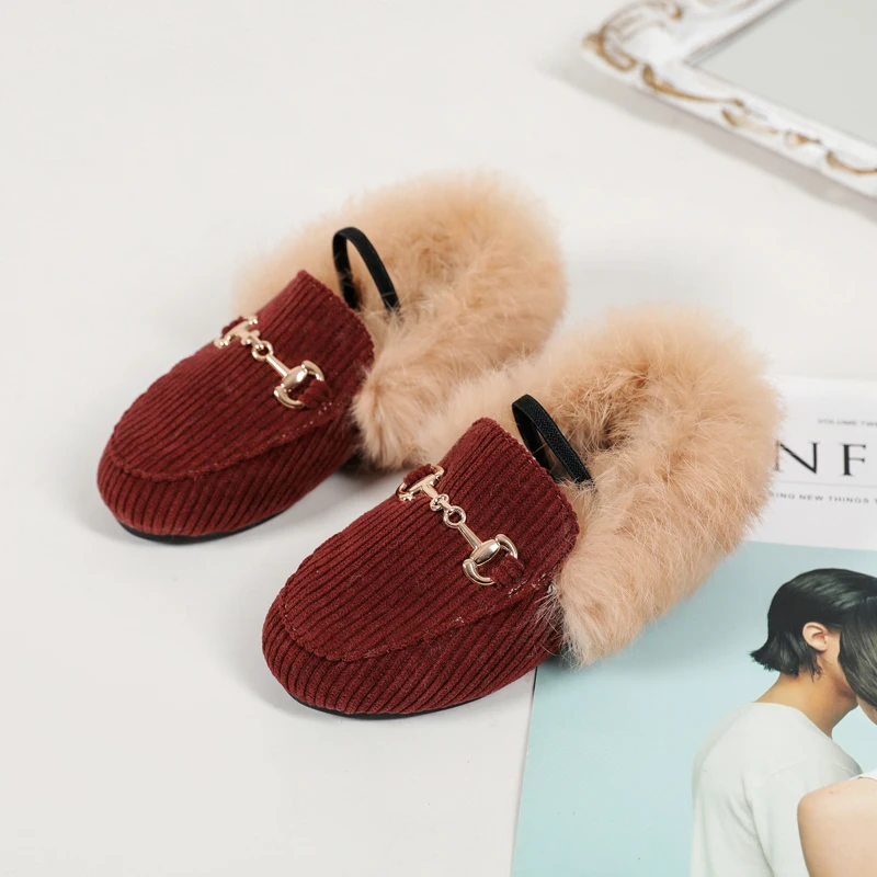 Kids Fur Princess Shoes for Baby Girls Slip On Loafers leather shoes,girls shoes,girls flats