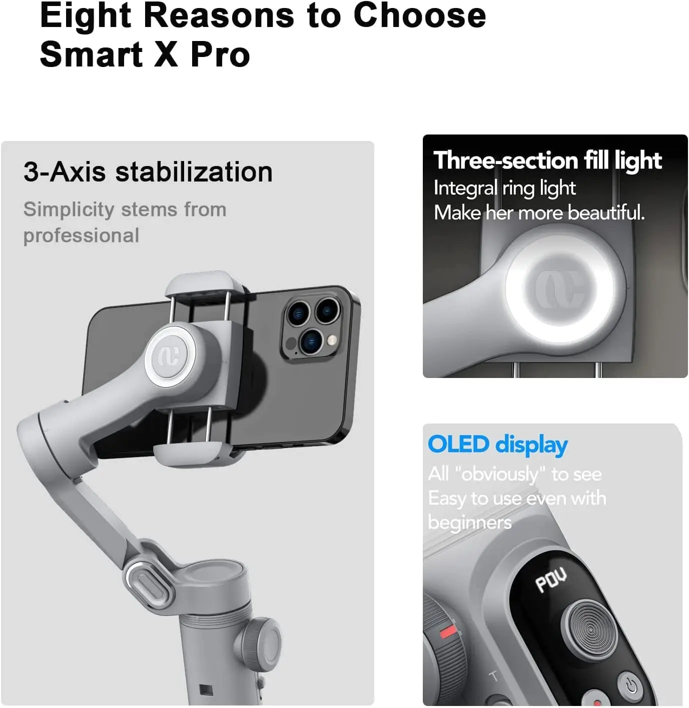 Handheld Gimbal Stabilizer Wireless Charging LED Display Light Focusing Wheel for Smartphone Smart X Pro 3-axis Universal Joint
