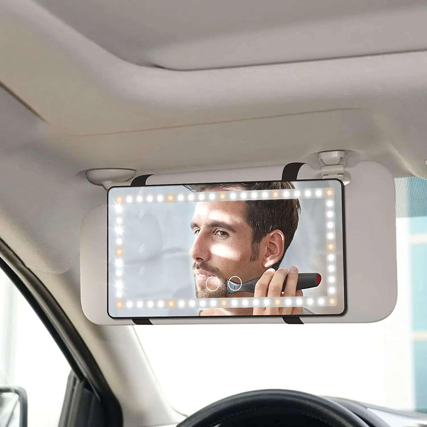 Car Sun Visor Vanity Mirror Cosmetic Mirror Rechargeable Makeup Mirror with 3 Light Modes 60 Leds Dimmable Clip-on Rear Wireless