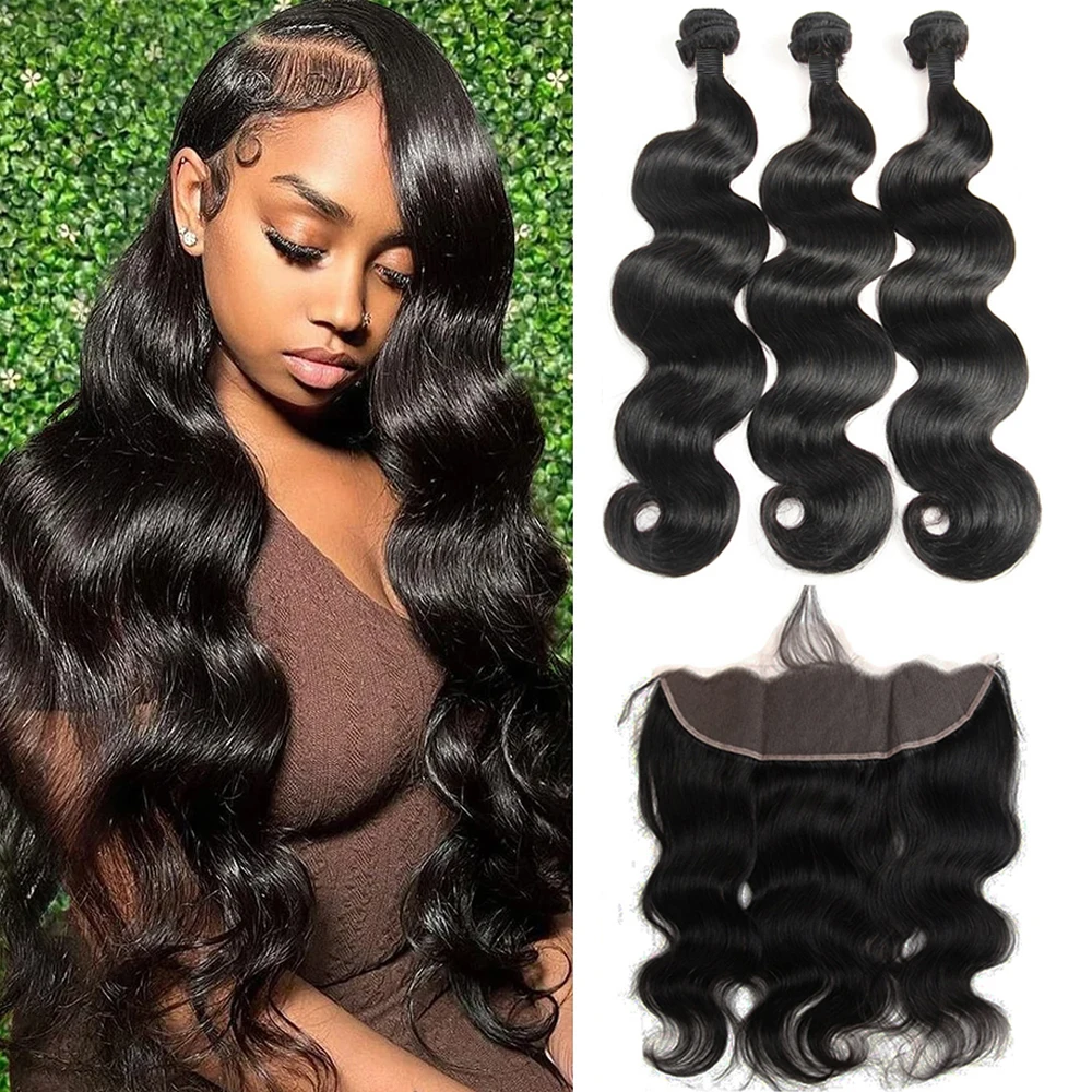 

Brazilian Hair Weave Body Wave Bundles 3 Bundles with 13x4 Frontal Virgin Remy Human Hair Bundles 28 30 32 inches Hair Extension