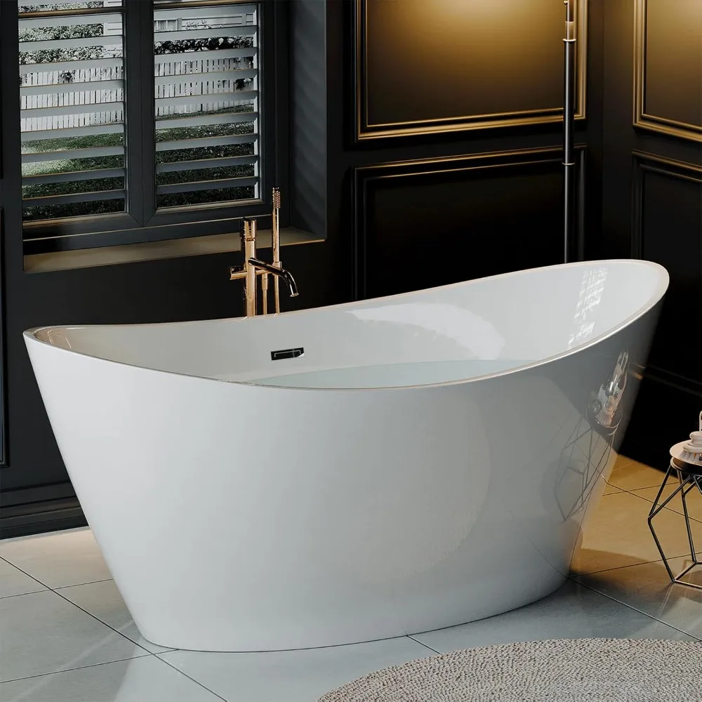 67" Acrylic Freestanding Bathtub Soaking with Brushed Nickel Drain and Overflow Included，SPA Tub Modern Stand Alone Bathtubs 2
