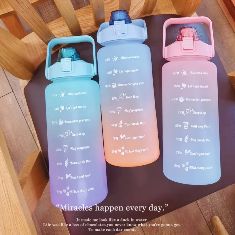 

Water Bottle 2 Liters With Lid And Straw Cups Time Marker Stickers Motivational Portable Outdoor Sports Drinking 2000ML Bottle