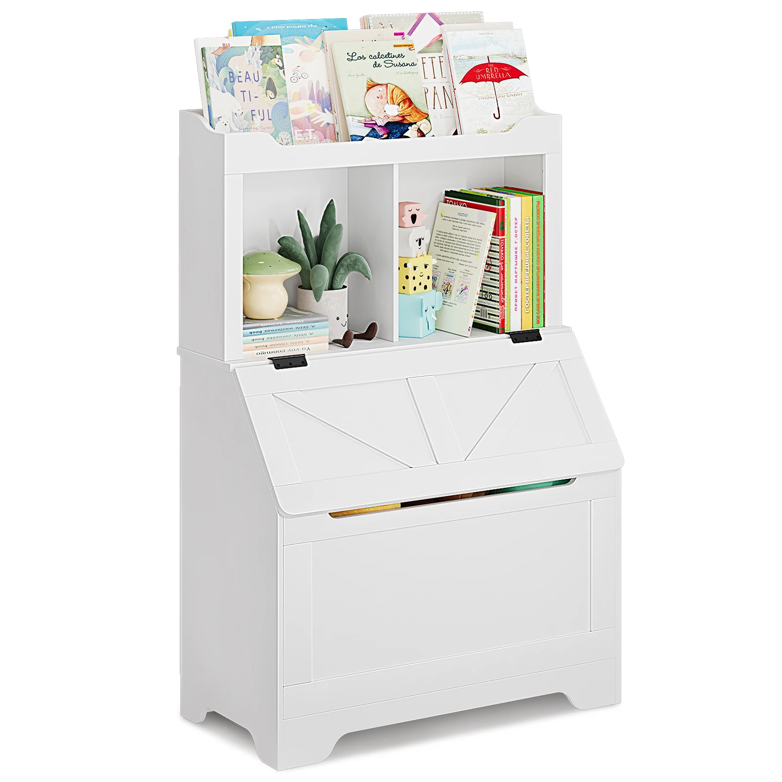 Kinder-Bücherregal aus Holz, Kinder-Bücherregal und Spielzeugaufbewahrung mit Klappdeckel und Tasche, Aufbewahrungsschrank aus Holz für Spielzimmer, Schlafzimmer – Detail 9