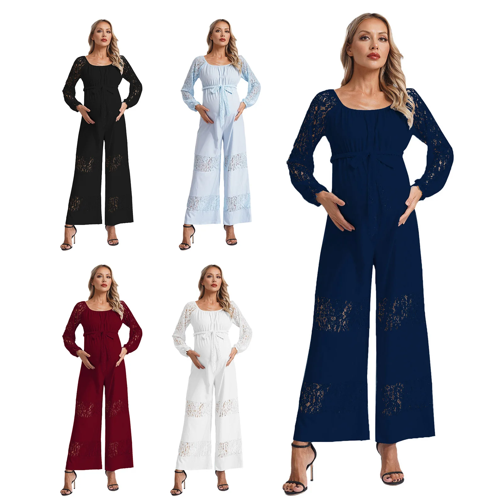 Women's Maternity Jumpsuits Pregnancy Work Clothes Pregnant Casual Long Sleeve Lace Hallow out Loose Wide Leg Ruffled Overalls 5