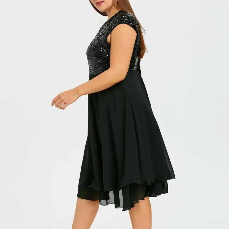 Elegant Solid Chiffon Splicing Sequin Sleeveless Zipper Midi Dress Women's Spring Summer Round Neck Net Yarn Plus Size Dresses