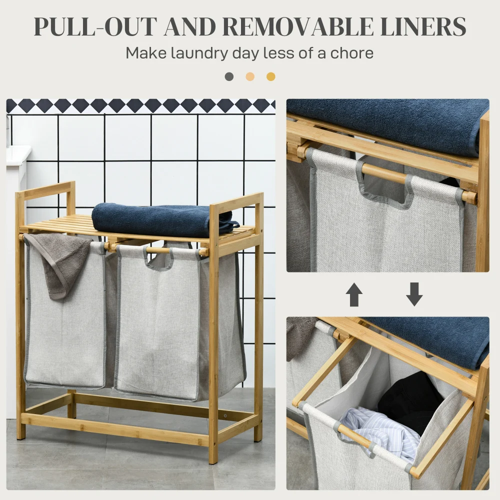 HOMCOM Double Laundry Hamper 2 Section Bamboo Laundry Basket with  Shelf 2 Pull-Out and Removable Bags for Bedroom Bathroom Laun 4