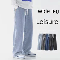 Spring Autumn New Men's Jeans Japanese Vintage Elastic Waist Casual Straight-leg Pants Trendy Wide-leg Trousers Loose Fit