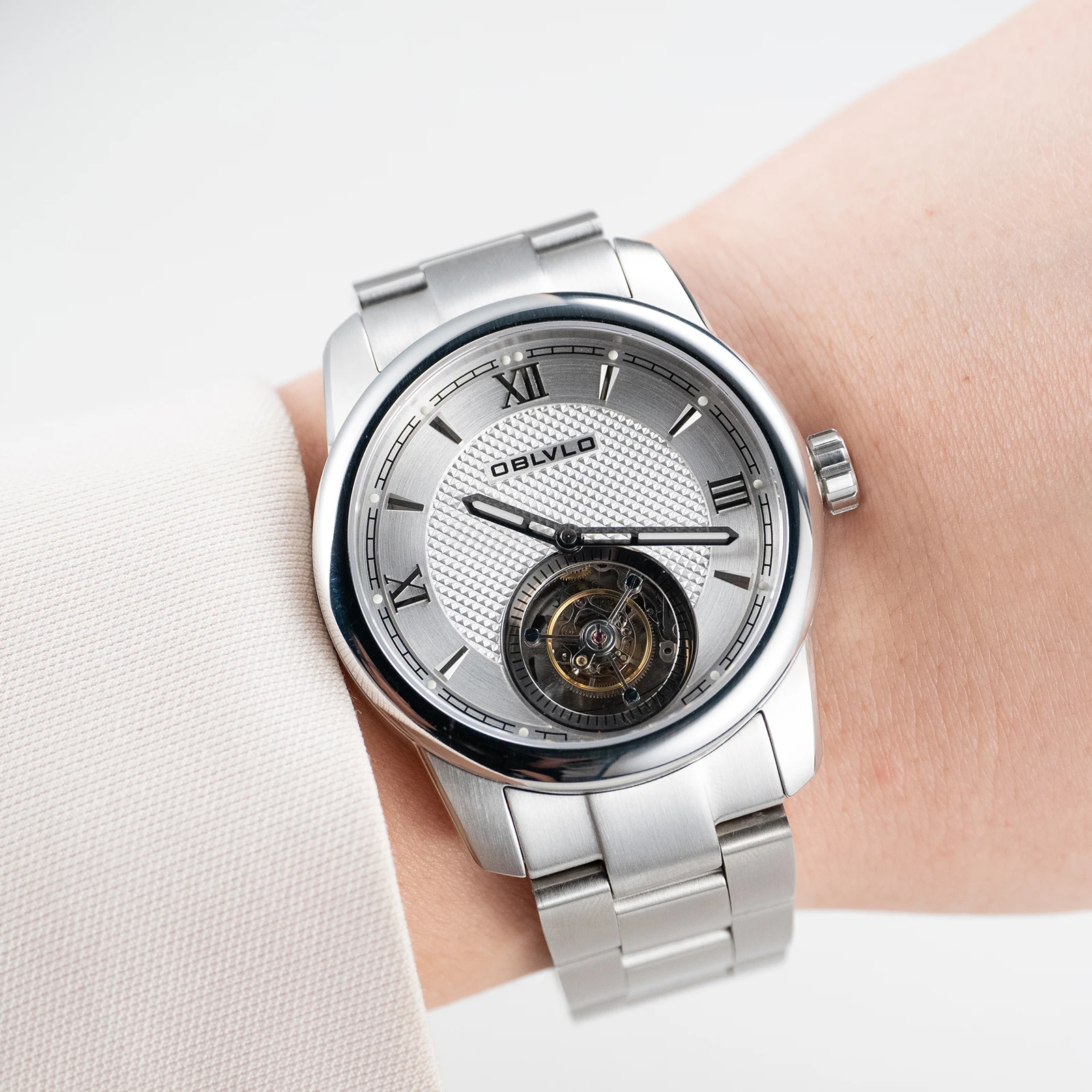 自動巻き時計 シルバー 透明バックケース Oblvo-男性用自動巻き時計,ステンレススチール,透明なケースバック
