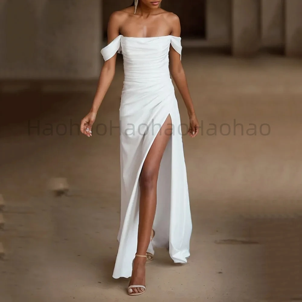 

2024 White Sheath Wedding Dresses Casual Engagement Off The Shoulder Bride Dresses Party Gown With Ruched Split Bride Dress