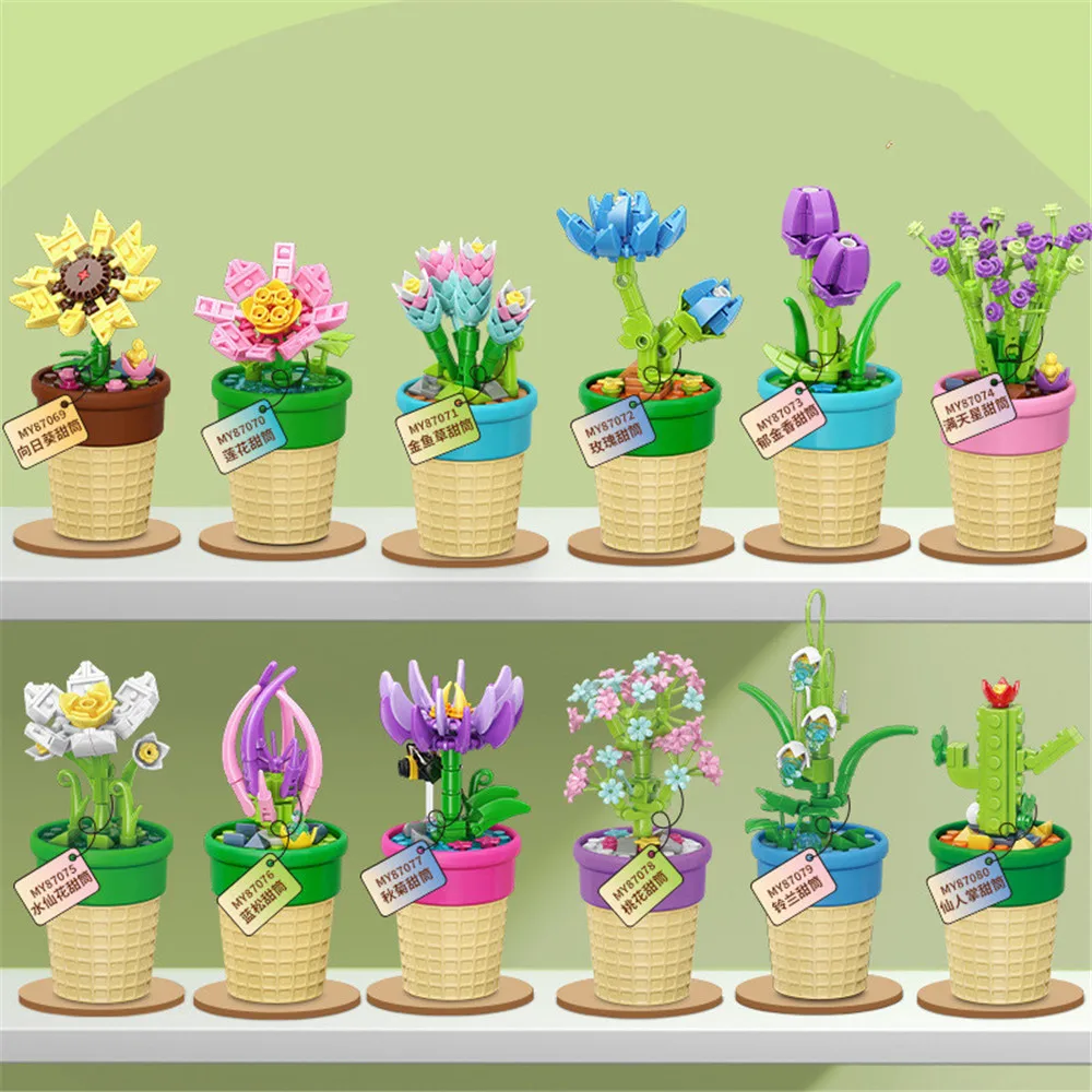 

Моделирующий цветочный горшечный строительный блок, цветочный горшок для мороженого, 3D модель, Алмазные Кирпичи, креативная сборка, игрушка для детей