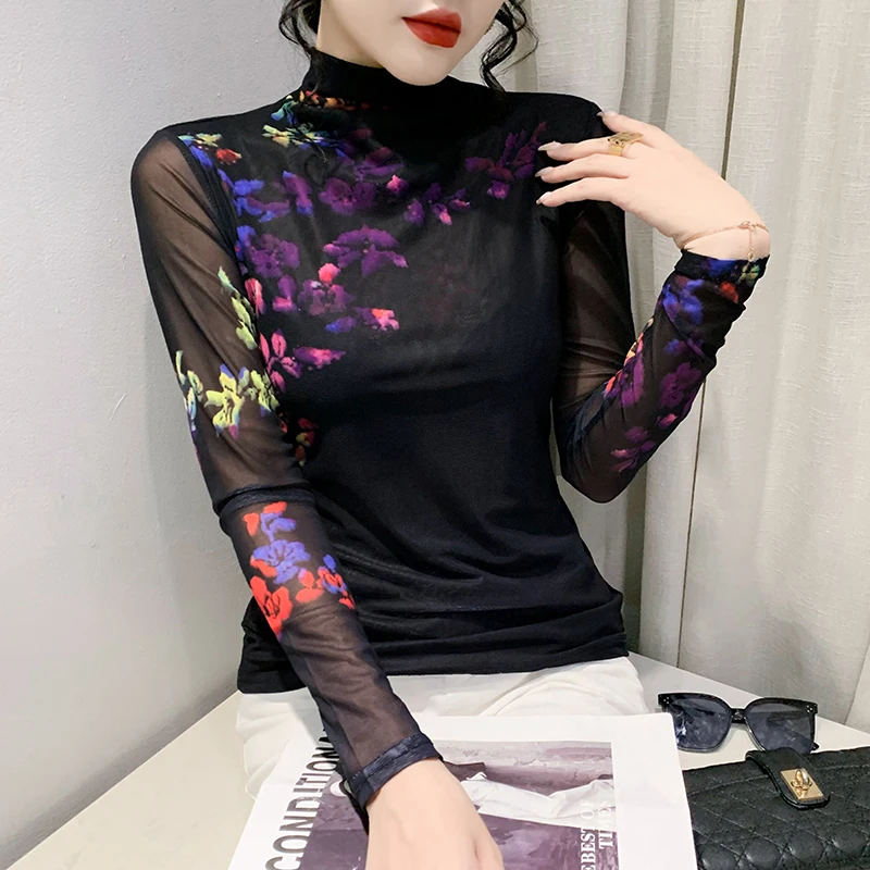 Faionable High Collar Me Base irt Long Sve Women's T-irt Print Street Sle Slim Fit Winter Plant Floral Mom Top