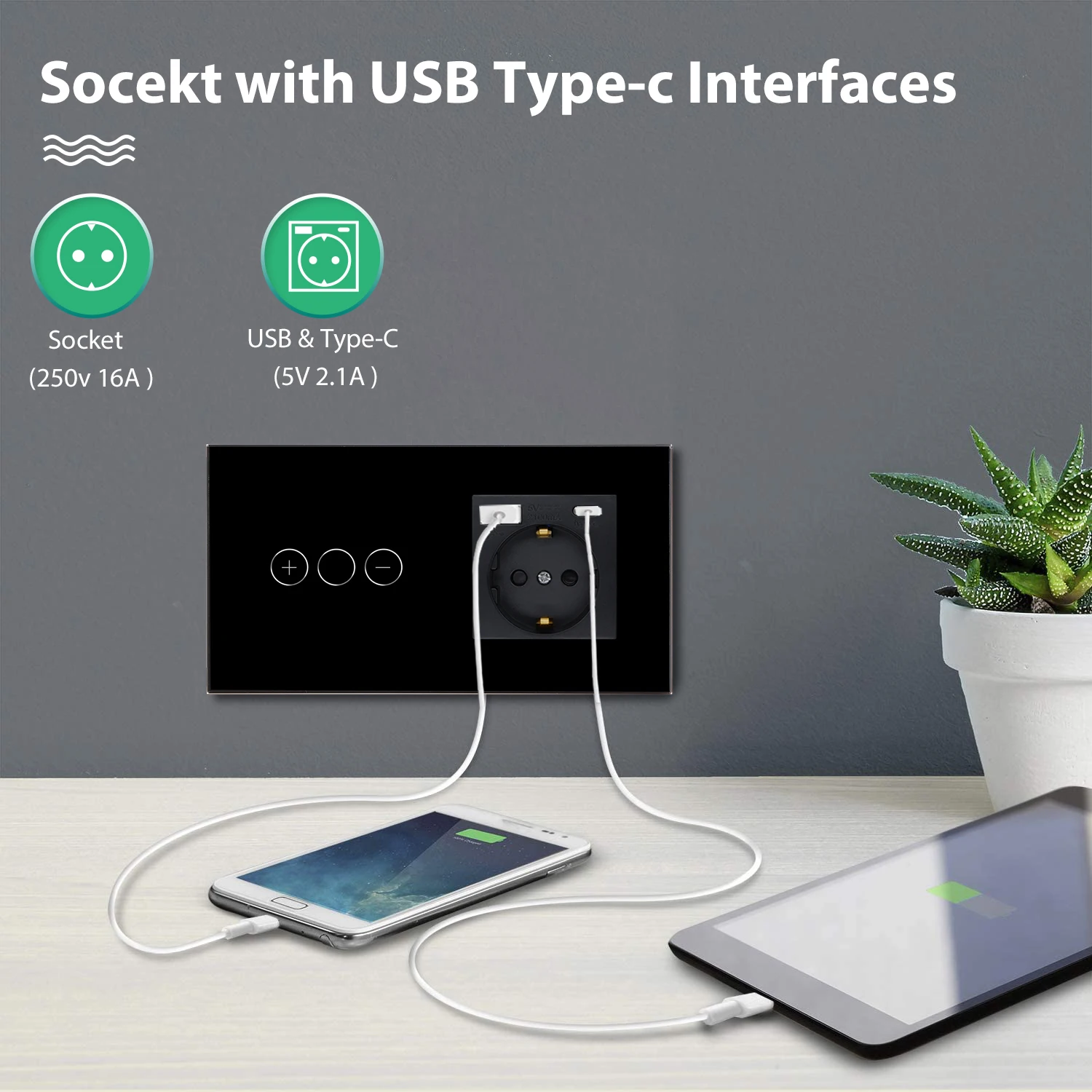 BSEED 터치 조광기 스위치, 1gang1way 벽 조명 스위치, LED 조광기 플러스, EU 벽 소켓, USB EU 표준 블루 백라이트, 10A
