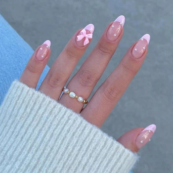 Nuovi arrivi 24 pezzi di gocce d'acqua francesi di dimensioni corte con bordi rosa e fiocchi di perle Set di unghie finte indossabili per ragazze e donne 1