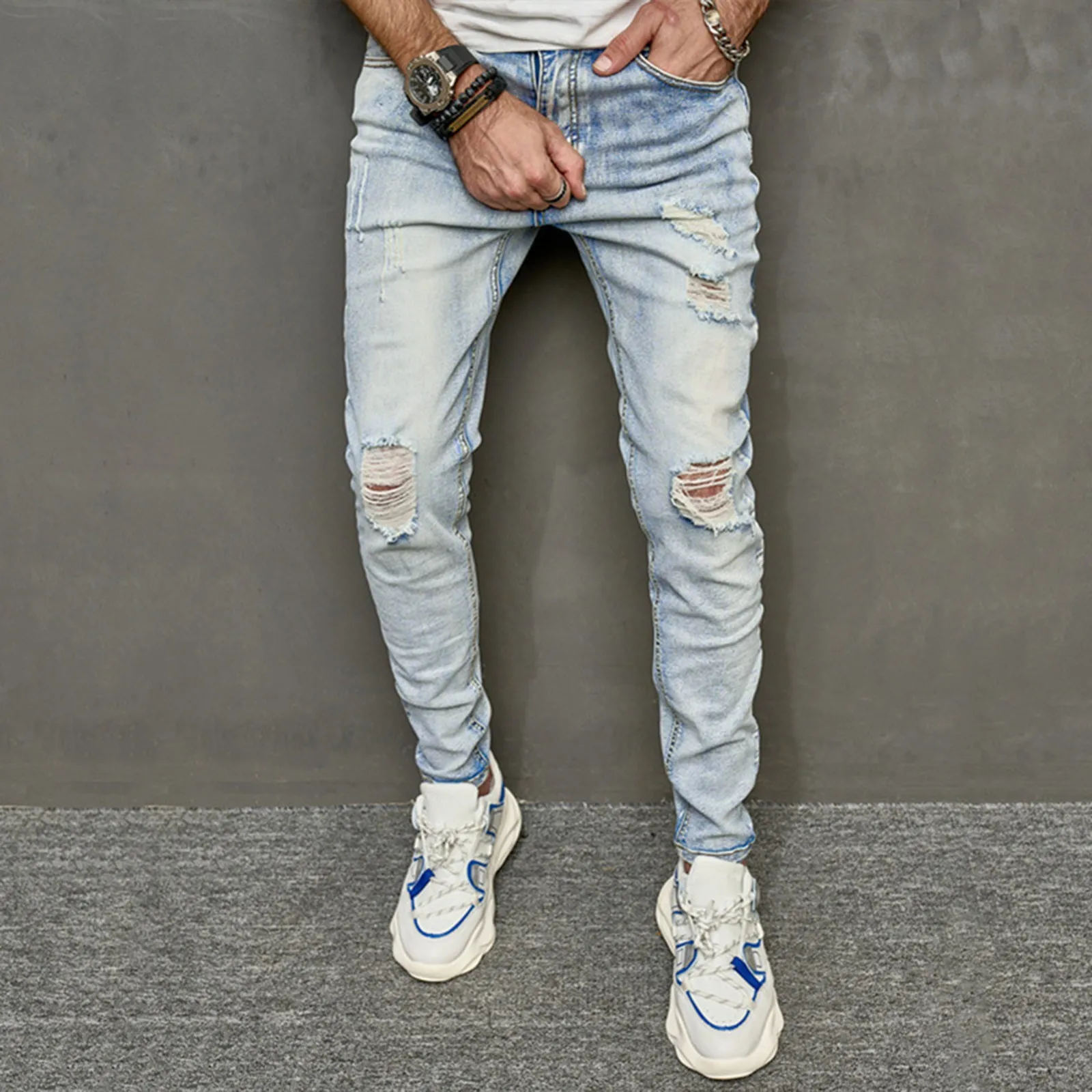 

Men's Jeans Solid Faded Hole Ripped Skinny Denim Jeans Streetwear Slim Fitted 90S Street Style Frayed Denim Trousers with Pocket