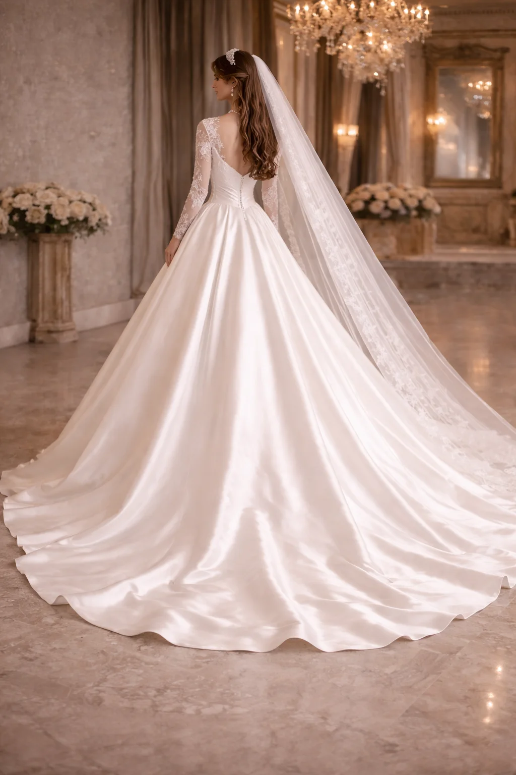 Modest Ball Gown With Lace Wedding Dress Customized V Neck Women's Bridal Gown Stunning Satin Illusion Long Sleeves No Veil