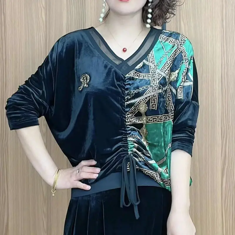 Elegant Diamonds Spliced Printed Shirring Blouses Women's Clothing 2023 Autumn Korean Pullovers Asymmetrical Shirts