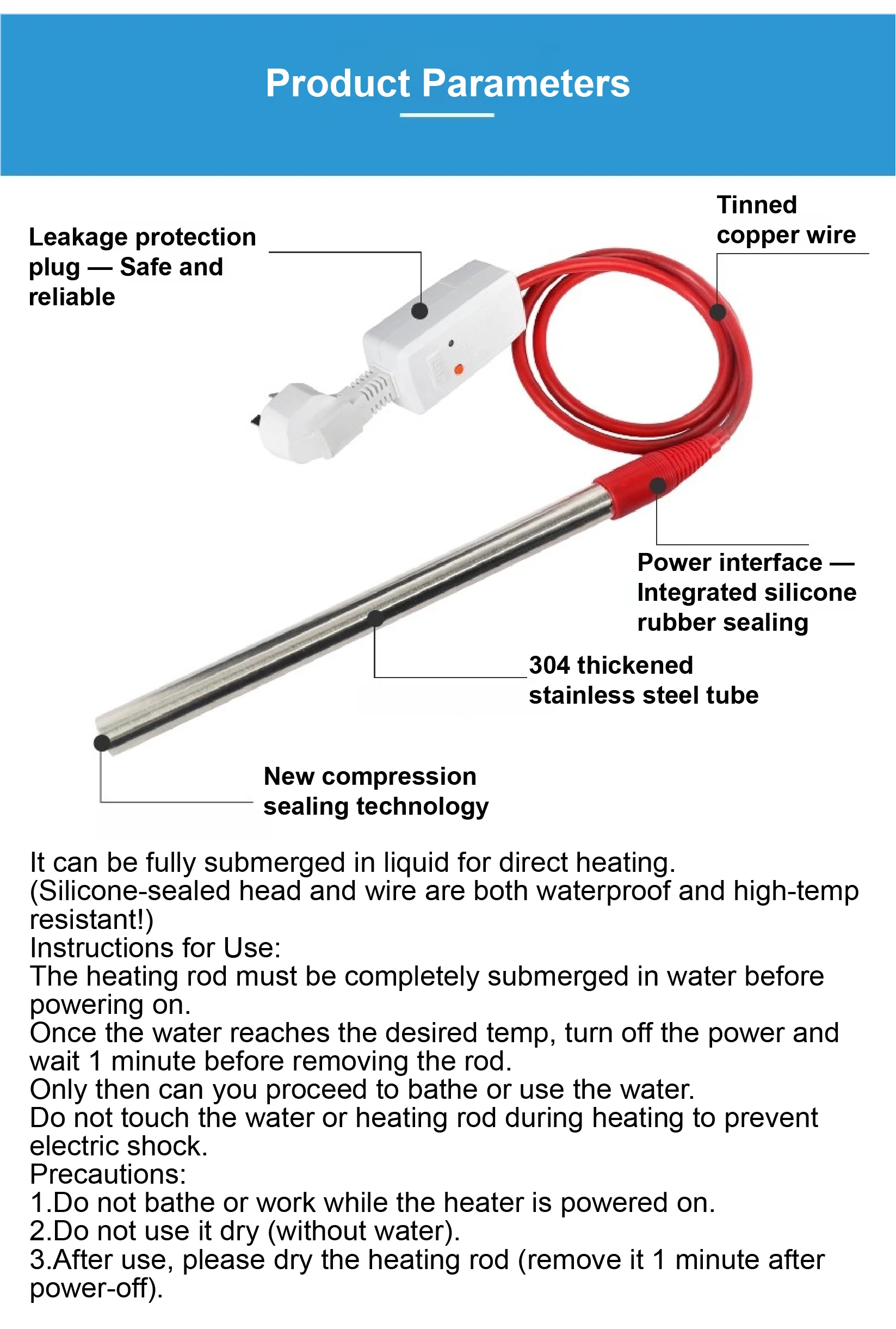 Heavy-Duty 220V Immersion Heating Rod with Thermostatic Safety for Buckets Baths