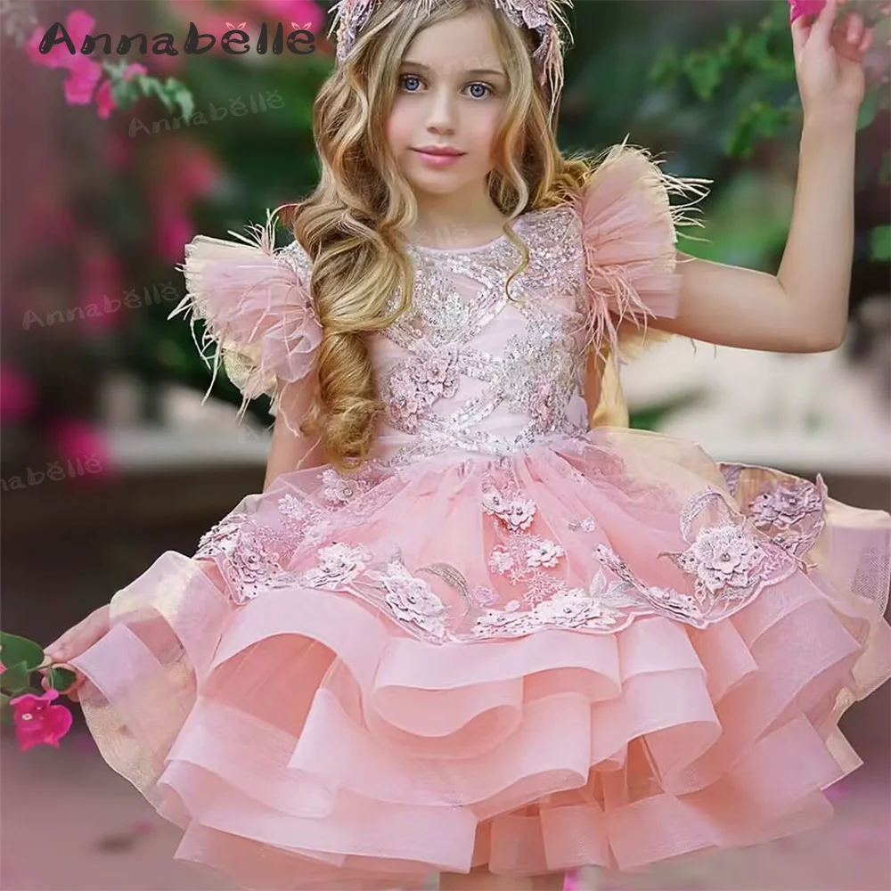 Annabelle Flower Girl Dress Feather Tiered Dress Flower Ricamo Dress Per La Festa Di Nozze Vestido De Primera Comunion