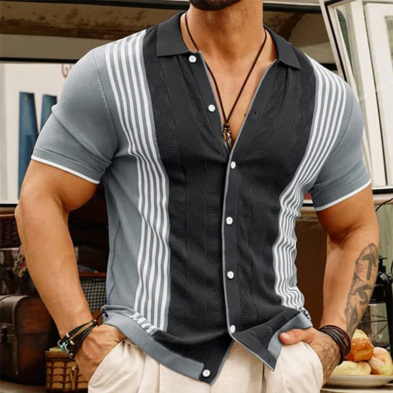 

Summer Casual Slim Knitted Ice Silk Shirt Men Fashion Patchwork Striped Knit Shirts Vintage Buttoned Lapel Mens Knitting Shirts