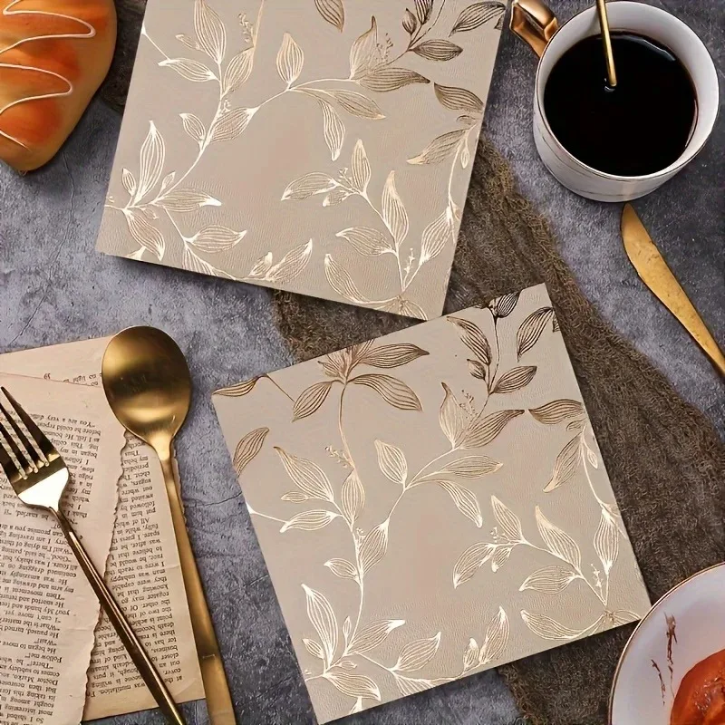 20pcs Gold Leaf Gold-embossed Disposable Napkins, Pack for Thanksgiving and family Celebrations New Year Christmas Decoration