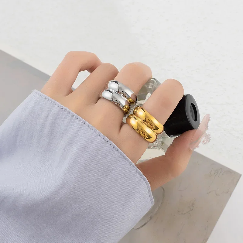 MHS.SUN Unisex Double Layer Gold Plated Wide Rings Fashion Stainless Steel For Women Men Smooth Chunky Jewelry Waterproof 6