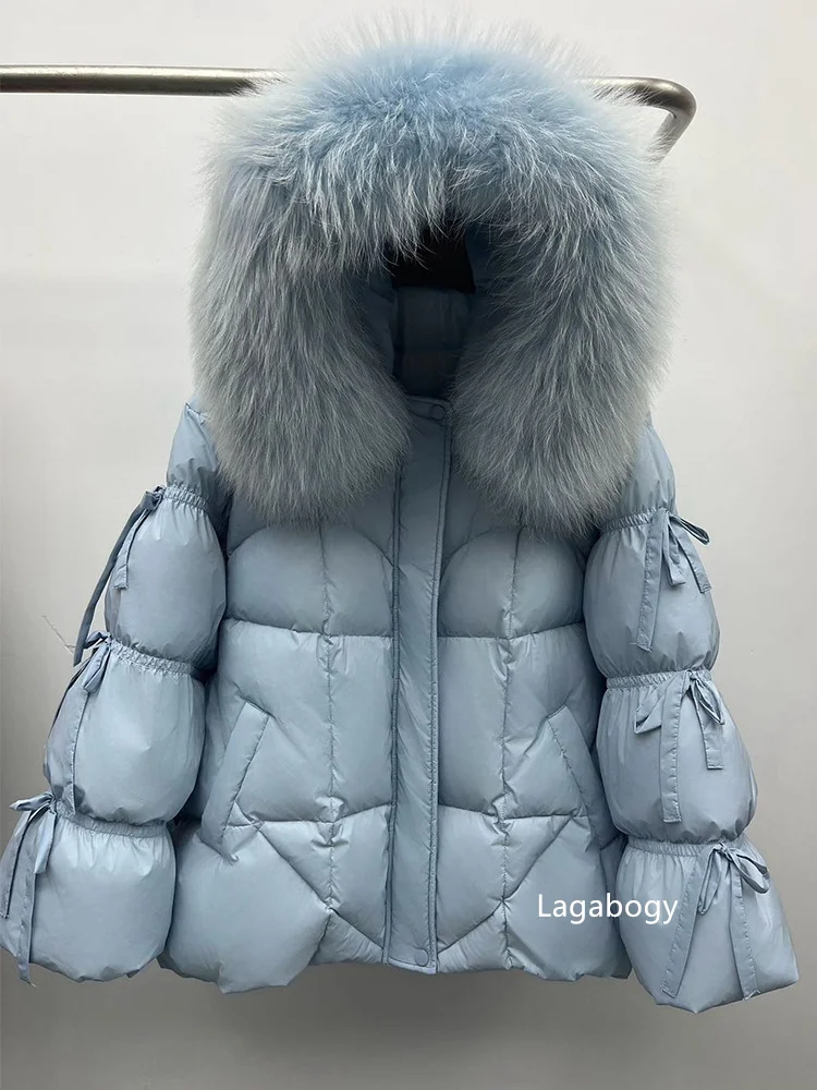 Lagabogy 2026 Big Natural Fox Fur Puffer Jacket New Winter Clothes Women Thick Warm White Duck Down Coat Female Real Fur Parker