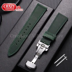 Elegant Brown Calfskin Leather Watch Strap with Butterfly Buckle - 22mm (Green)
