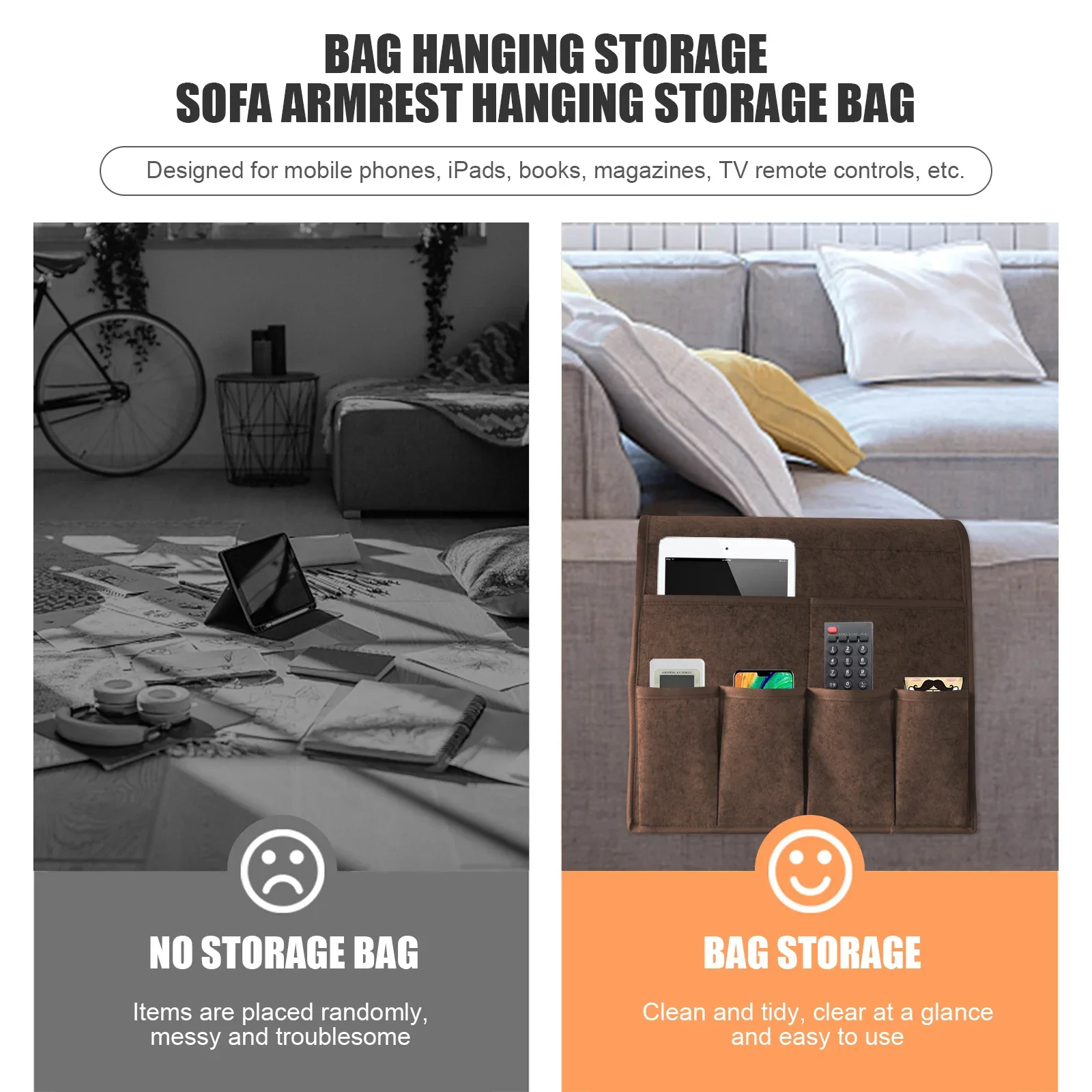 Armchair Caddy Felt Couch Recliner Armrest Organizer Hanging Storage Bag For Storaging Magazine Tablet Cell Phone Remote Control