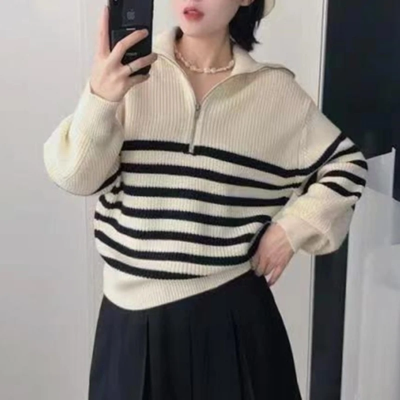 Autumn and Winter Lapel Zipper Semi-open Placket Women's Long-sleeved Striped Sweater Black and White Fashion Casual Knitwear