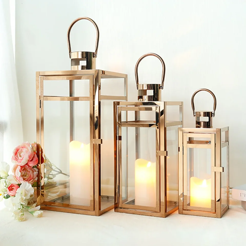 Set of 3 Rose Gold Stainless Steel Candle Lanterns