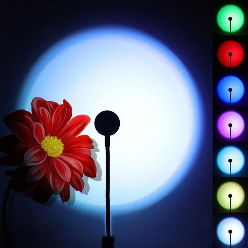 LED 조명 변경 선셋 램프, USB 충전, 7 가지 색상, 360 도 회전 램프, 푸시 단추 플러그 앤 플레이