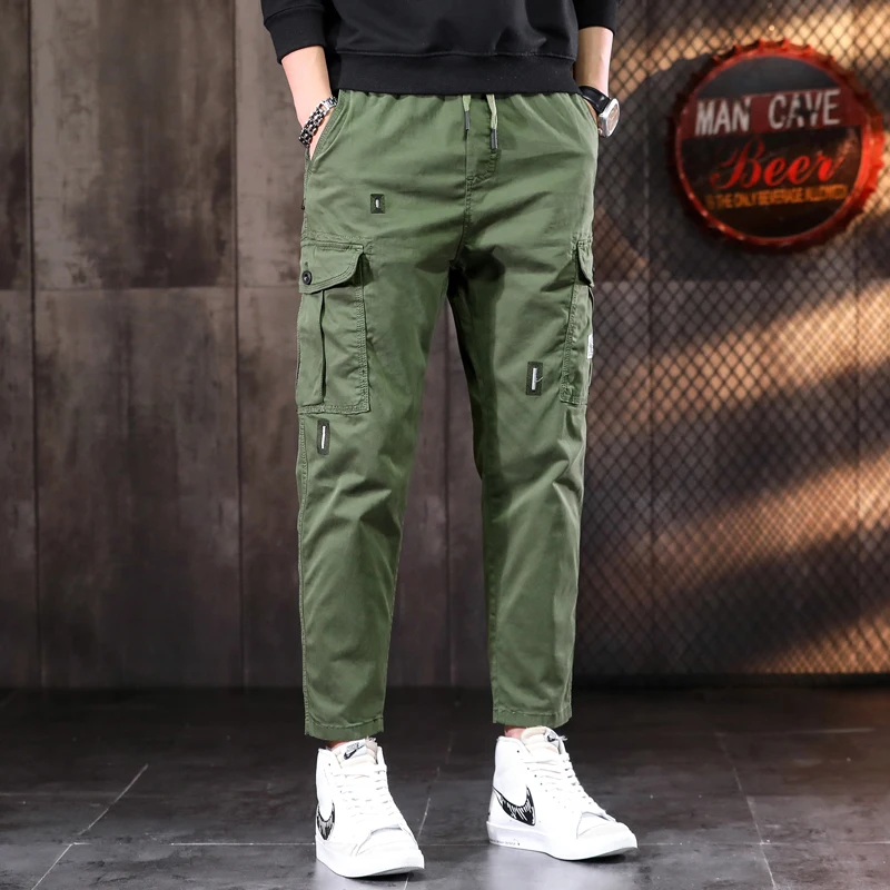 Men's Orange Tactical Cargo Pants Casual Cotton Elastic Waist Drawstring Trousers