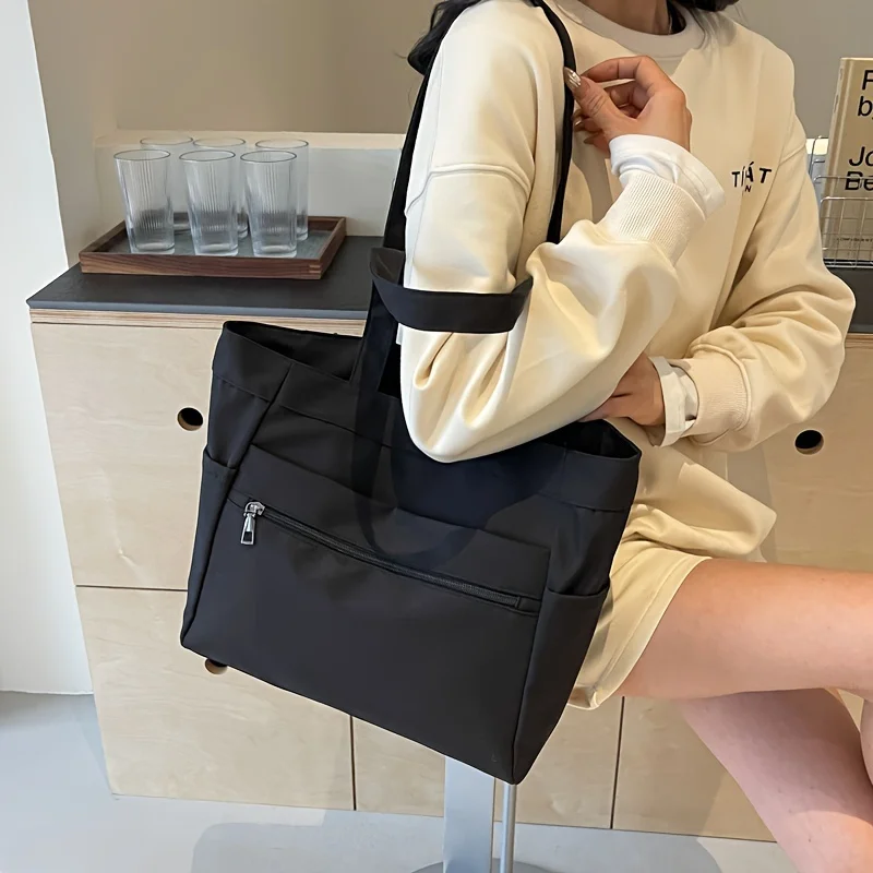 New Women's Shoulder Bag Large Capacity Multiple Pockets Handbag Simple Canvas Tote Bag Daily Commuting