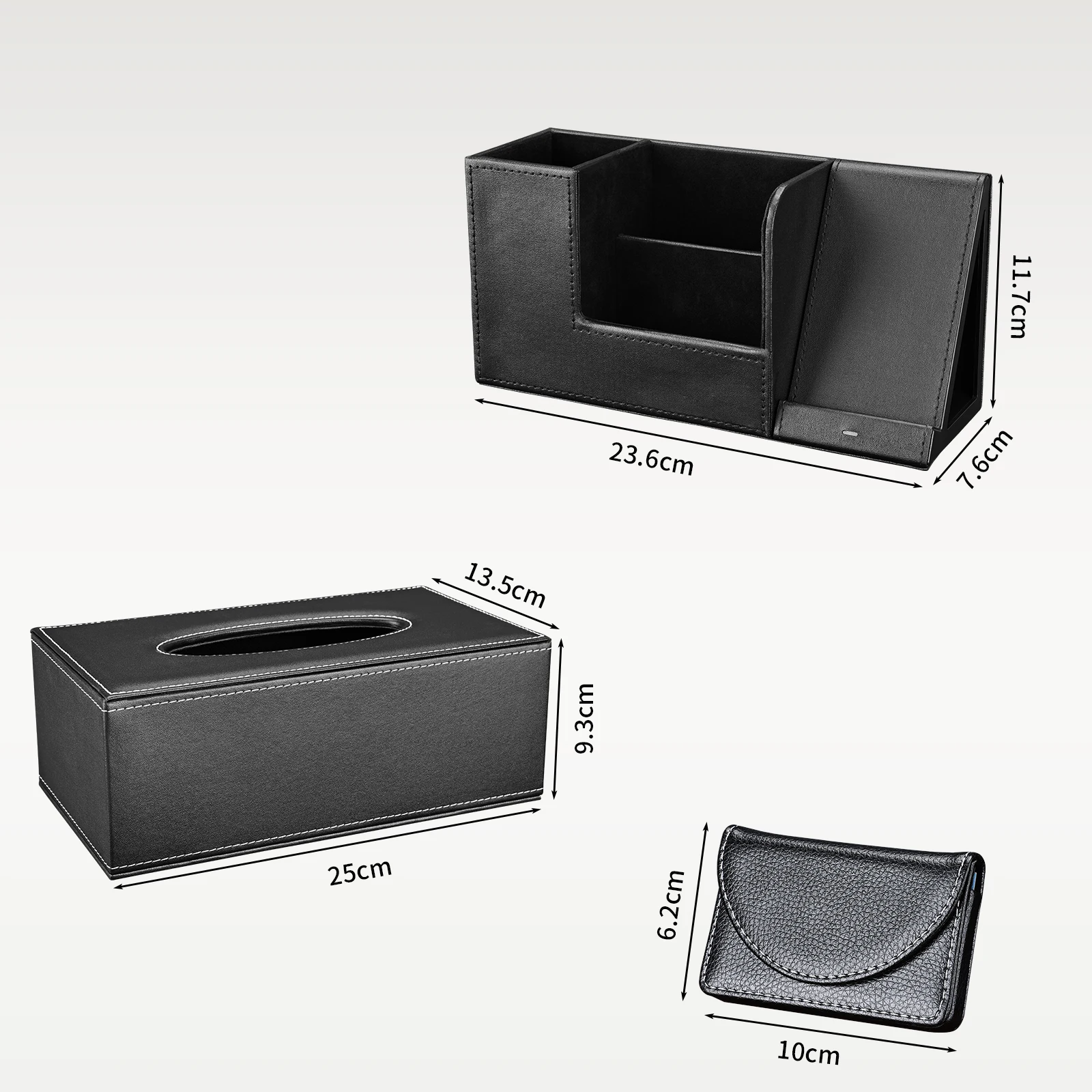 Kingfom Office Desk Storage Organizer Set PU Leather Tissue Box 10W Fast Wireless Charger Business Card Holder Black 3 Pcs/Set