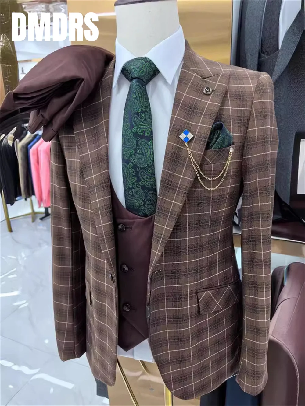 Elegant Men's Suit Fashionable Plaid Suit Jacket High Quality Men Suit 3 PCS Set For Men's Wedding Suit Dress vestidos de novia