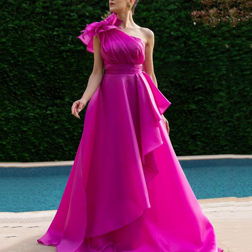 

Elegant Prom Dress For Women One Shoulder With Flower Evening Gowns A Line Floor Length Lace Up Party Dresses robes de soirée
